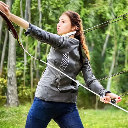 Image similar to photo realistic, a attractive sports woman in archery, pointing his bow, uhd 8 k, highly detailed