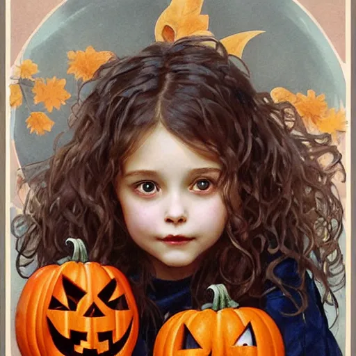 Prompt: a cute happy little girl with light brown wavy curly hair and blue eyes sitting amidst piles of halloween decor skulls and pumpkins. beautiful cute highly detailed face. spooky halloween themed painting by artgerm and greg rutkowski and alphonse mucha.