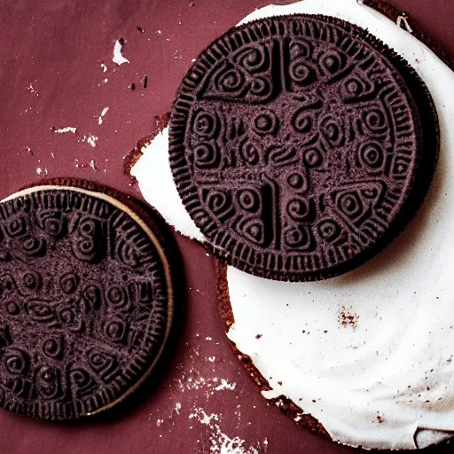 Image similar to an oreo with the imprint of the devils face on the chocolate cookie, photography, cinematic