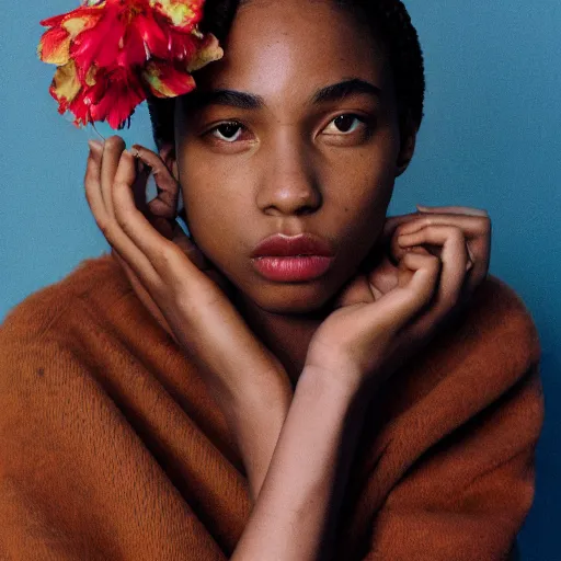 Prompt: realistic photoshoot for a aime leon dore lookbook, color film photography, portrait of a beautiful woman in style of tyler Mitchell, person has a flower in her hair, 35mm, graflex