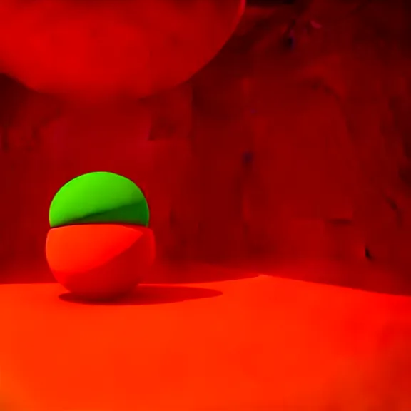 Image similar to a 3 d render of a stack of green cubes on the left and an orange ball on the right in a red room, blender, ue 5, octane render, trending on artstation