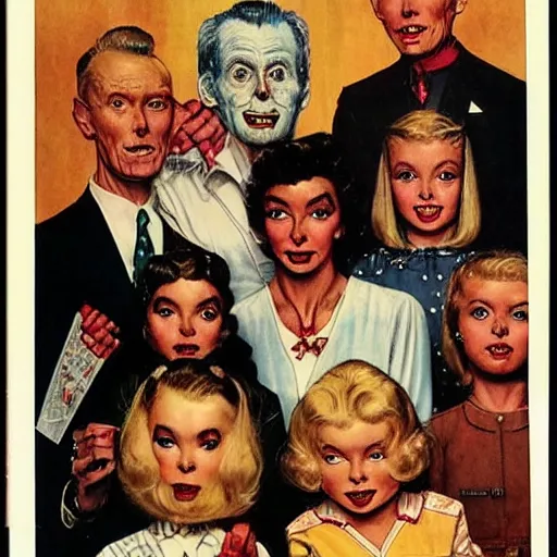 Image similar to Satani States of America, alternate history, 1959 Stepford suburban living, nuclear family, Satanic family, gothic children, drawn by Norman Rockwell