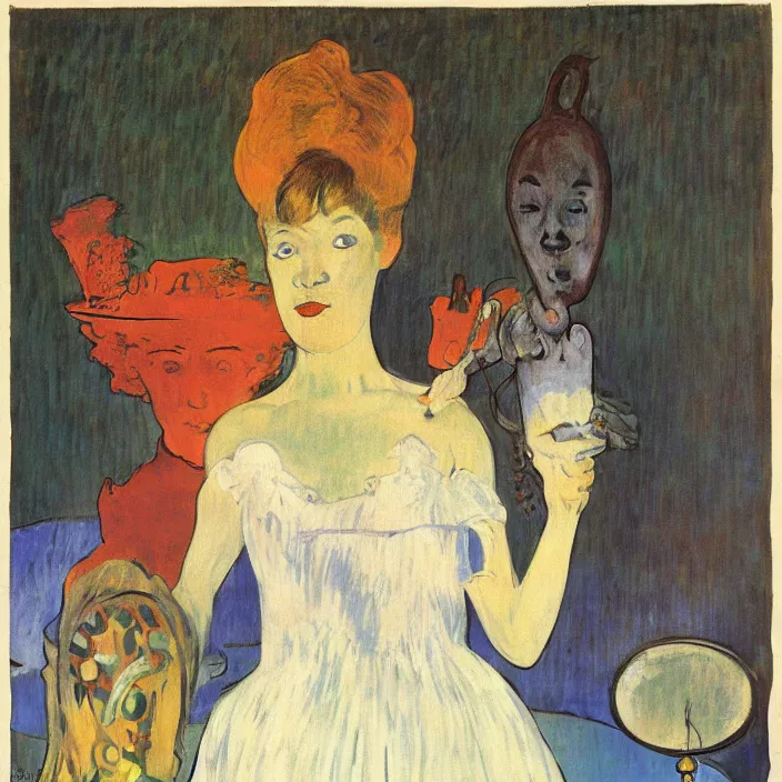 Image similar to dream infusion in a woman with white dress and colorful primitive mask and blue dog. lamp light. henri de toulouse - lautrec, rene magritte, max ernst, walton ford