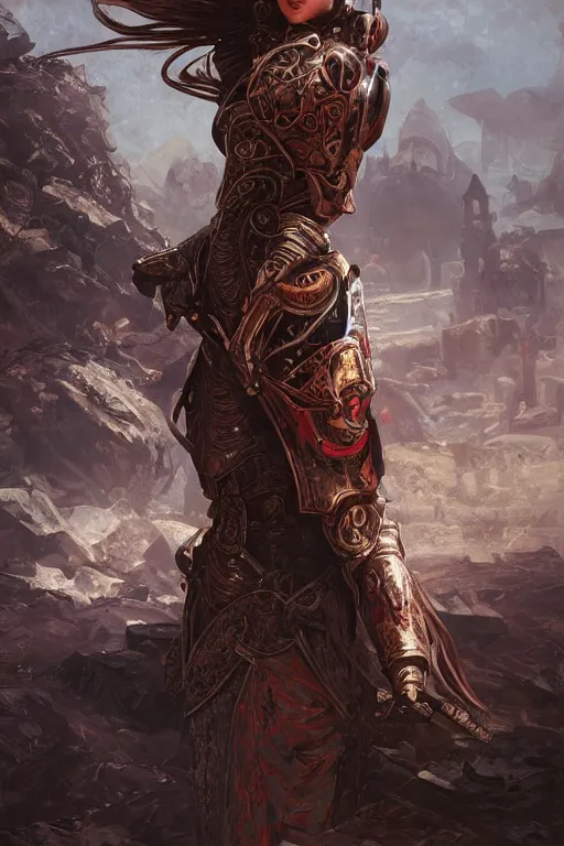 Image similar to portrait knights of Zodiac girl, metallic black and reddish reflected armor, in ruined Agora of Athens, ssci-fi, fantasy, intricate, very very beautiful, elegant, highly detailed, digital painting, artstation, concept art, smooth, sharp focus, illustration, art by tian zi and WLOP and alphonse mucha