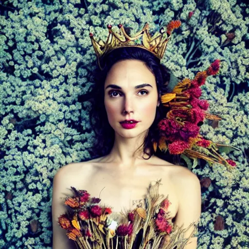 Prompt: full body fine art photo of the beauty gal gadot, she has a crown of dried flowers and is wearing a fashionist conceptaul dress made of dried roses, taken by oleg oprisco