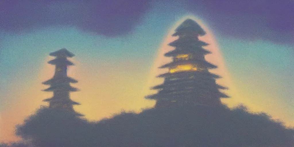 Image similar to “ a landscape pastel in the style of noriyoshi ohrai of an ancient holy tower, it has iridescent mana radiating from it. it is centered. the background is the sky at night. retrofuturistic fantasy ”