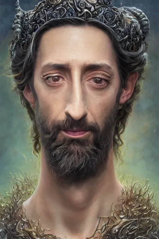 Image similar to closeup portrait shot of adrien brody as king oberon, fairy wings, lord of beasts, highly detailed, digital painting, artstation, concept art, soft focus, depth of field, artgerm, tomasz alen kopera, peter mohrbacher, donato giancola, wlop, boris vallejo