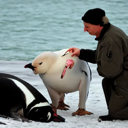 Prompt: bulldog performing surgery on a penguin