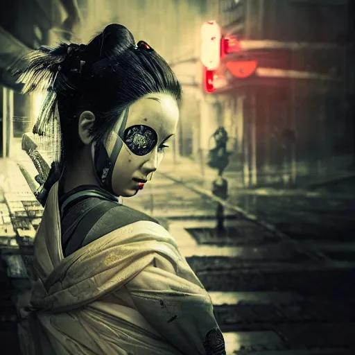 Prompt: a hyper realistic stunningly cyborg tradition geisha photograph, covering face with a intricate sci - fi fan, in a dark street, metal gear solid, dark moody backlighting, ray tracing, octane render,