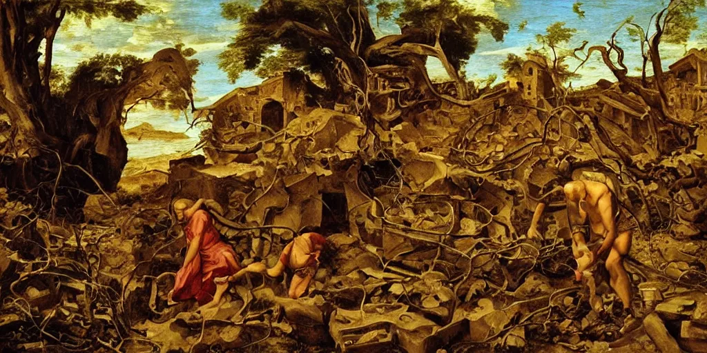 Prompt: archeologist discovering an ancient golden relic amongst a pile of rubble and vines, renaissance oil painting