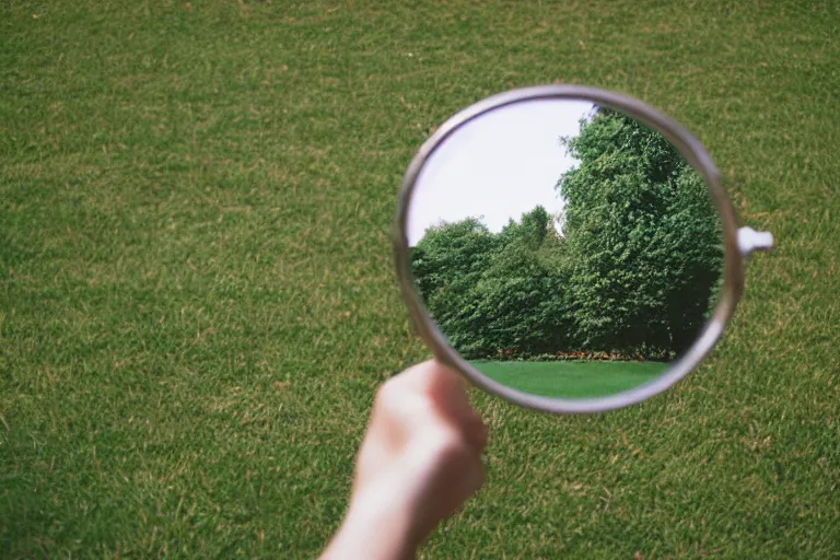 Image similar to film color photography, long view of square hand mirror lies at the green lawn, no focus, 35mm