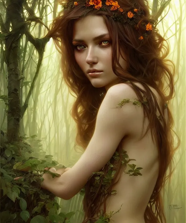 Image similar to Forest nymph woman portrait, amber eyes, face, long hair, fantasy, intricate, elegant, highly detailed, digital painting, artstation, concept art, smooth, sharp focus, illustration, art by artgerm and greg rutkowski and alphonse mucha