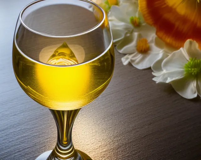 Prompt: 5 5 mm photo of glass of white wine with flower on a zen minimalist round white table with marmalade sunset in the background. highly detailed 8 k. intricate. lifelike. soft light,