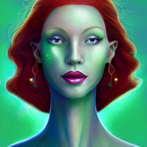 Image similar to an elegant Redhead Pleiadian alien human beautiful hybrid feminine woman, green skin, long gorgeous red hair in loose curls, with stunning green eyes, cute face and a roundish nose, as a retrofuturistic heroine, face and body, gorgeous psychedelic digital painting, artstation, concept art, smooth, sharp focus, illustration, art by artgerm and donato giancola and Joseph Christian Leyendecker, Ross Tran, WLOP