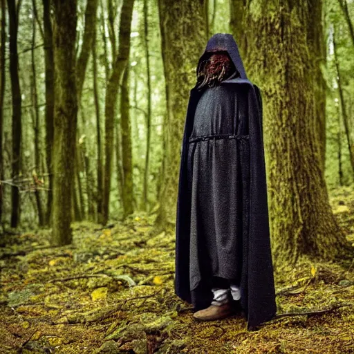 Prompt: medieval cloak wearing lizard human, photograph captured in the woods