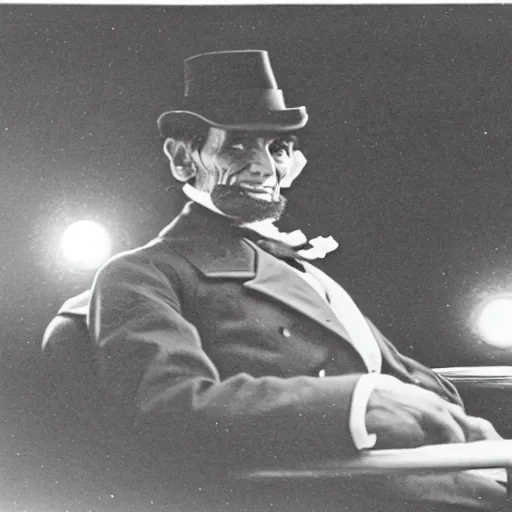 Prompt: close up of Abraham Lincoln in a racing car at night