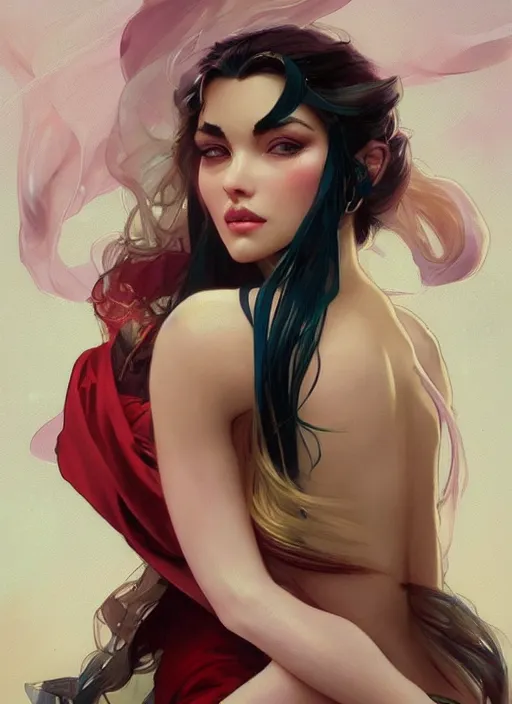 Image similar to gorgeous michi wearing a silk robe, digital painting, artstation, concept art, sharp focus, illustration, art by artgerm and greg rutkowski and alphonse mucha