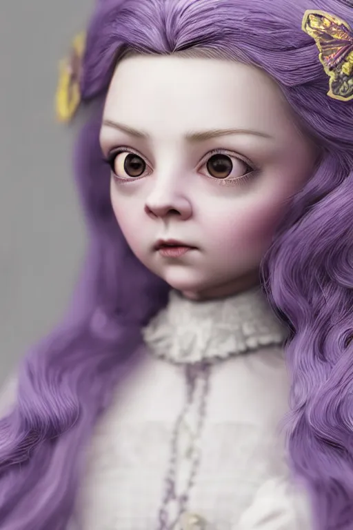 Prompt: natalie dormer as a cute porcelain doll with long purple hair, mark ryden style, vivid colors, high details, cinematic, 8 k resolution, beautiful detailed, photorealistic, digital painting, dark atmosphere, artstation, concept art, smooth, sharp focus, illustration, fantasy background, artstation trending, octane render, unreal engine