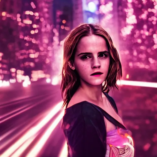 Prompt: photo of emma watson as a cyborg in a cyberpunk city full of multicolor lights, red color scheme, bloom, bokeh, depth of field, robotic limbs, mid full shot, 8k, highly detailed skin, highly detailed face