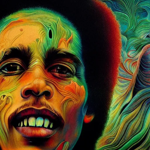 Image similar to colour masterpiece surreal closeup portrait photography of bob marley by miho hirano and annie leibovitz and michael cheval, weird surreal epic psychedelic complex biomorphic 3 d fractal landscape in background by kilian eng and roger dean and salvador dali and beksinski, 8 k