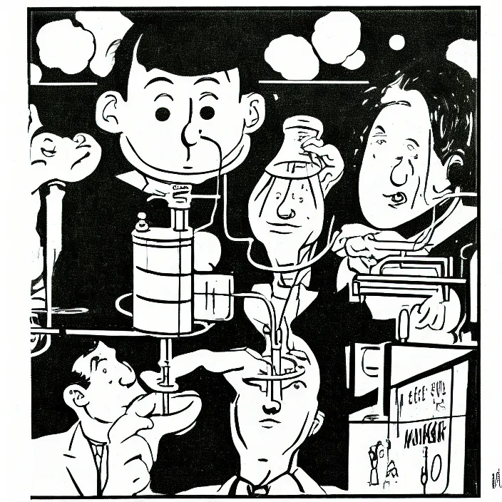 Image similar to a still frame from comic strip, a scientist making funny experiment 1 9 5 0, herluf bidstrup, new yorker illustration, monochrome contrast bw, lineart, manga, tadanori yokoo, simplified,