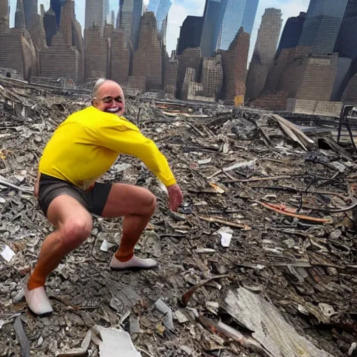 Image similar to a wide shot of a very drunk evil Rudy Giuliani squatting smiling wearing a yellow speedo on top of the world trade center rubble pile in new york