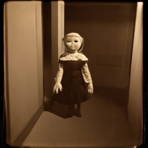 Image similar to creepy vintage doll in darkly lit hallway photo kodak brownie photo