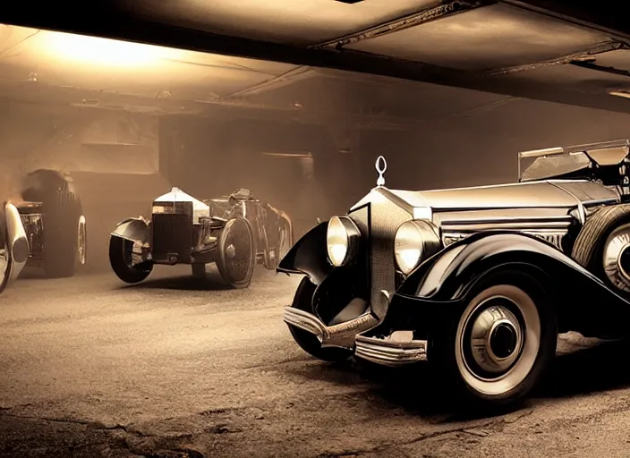 Prompt: Concept car based on Model-T Ford, Rolls Royce Silver Ghost, and the 1936 Mercedes-Benz 500K in an underground garage. Photo-realistic, dark atmospheric, volumetric lighting, moody, dark, cyberpunk, cinematic. Roger Deakins Cinematography, Ikuo Maeda, Thomas Sigel, Yalim Erkaya and Marcus Quach