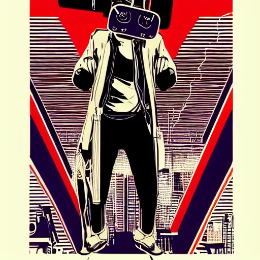 Prompt: Illustrated by Shepard Fairey and H.R. Geiger | Cyberpunk Michael Jackson with VR helmet, surrounded by cables