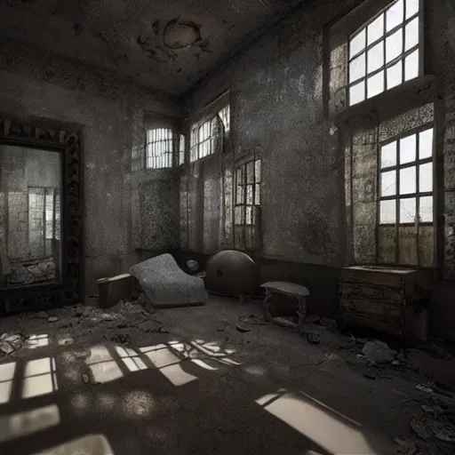 Image similar to a mirror room, full of mirrors, dark, inside abandoned house, 3d render, dynamic light, unreal engine, beautiful Concept art