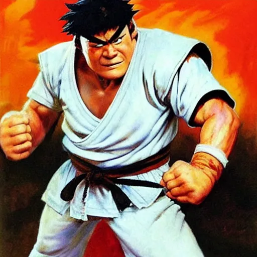 Image similar to ultra realistic david koechner as ryu from street fighter, painting by frank frazetta, 4 k, ultra realistic, highly detailed,