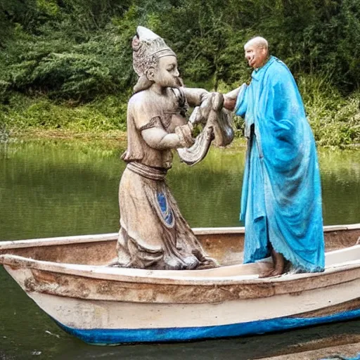 Prompt: giant ancient fish goddess blessing a young man in a boat