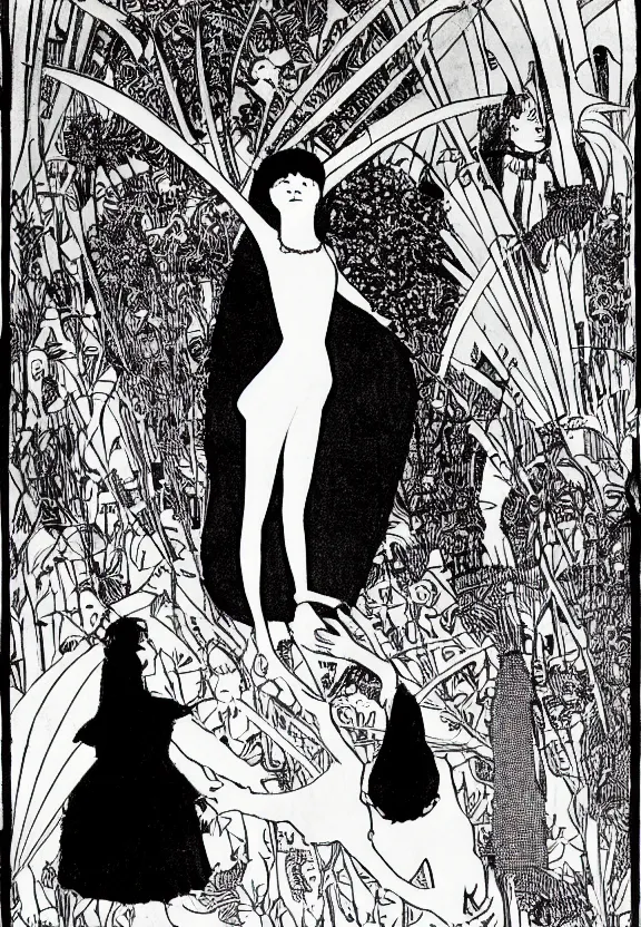 Image similar to a girl with black hair and a silver dress, detailed illustration, children's book, by winsor mccay