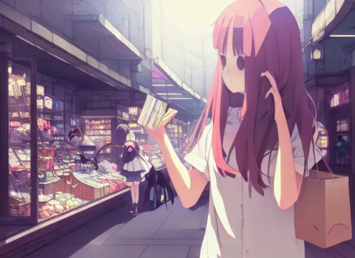 Image similar to portrait of a cute girl shopping at the mall, rule of thirds, illustration concept art anime key visual, trending pixiv fanbox by wlop and greg rutkowski and makoto shinkai and studio ghibli and kyoto animation