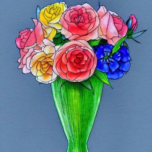 Image similar to a porcelain vase with a colorful and beautiful flower arrangement. very stylize and delicate watercolor and pencil drawing. long shotbeautiful lighting, 4 k post - processing, trending in art station, cg society, highly detailed, 5 k extremely detailed