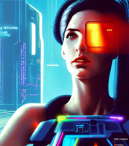 Image similar to cable plugged into cyberdeck, back of head, very very beautiful cyberpunk woman, computer, 1 9 7 9 omni magazine cover, style by vincent di fate, cyberpunk 2 0 7 7, very coherent, detailed, 4 k resolution, unreal engine, daz