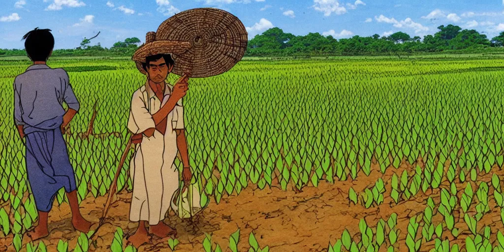 Prompt: sri lankan paddy field farmer, drawn by hayao miyazaki