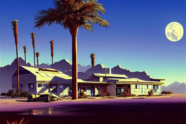 Image similar to broken robot | abandoned motel | palm trees | snowy mountains | moon in sky, painting by syd mead and weta studio and moebius and james jean and frank frazetta, highly detailed, rule of third, soft lighting, architectural magazine, beautiful detailed, insanely intricate details, artstation trending, hypermaximalistic, high details, cinematic