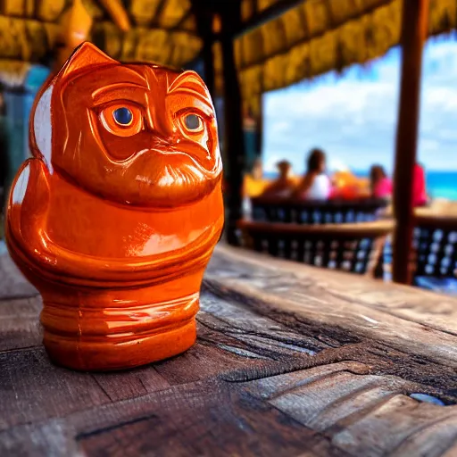 Image similar to a closeup photorealistic photograph of a glossy orange cat garfield style tiki mug sitting at a trader vic's beach bar featuring garfield's face. tiki theme. bright scene. fine detail. this 4 k hd image is trending on artstation, featured on behance, well - rendered, extra crisp, features intricate detail, epic composition and the style of unreal engine.