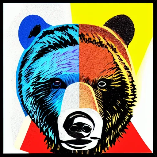 Prompt: pop art headshot of a grizzly bear smoking a joint.