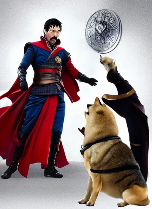 Image similar to dr. strange casting a shield spell in the metaverse with a shiba inu samurai at his feet, hyper realistic, highly detailed, perfect face, smooth, focus