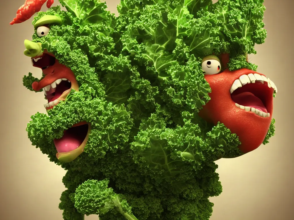 Prompt: highly detailed 3 d render of a raging mad angry kale character, as pizza topping, hyper realistic octane render, cinematic lighting, deviantart, lowbrow, surrealism, pixar still