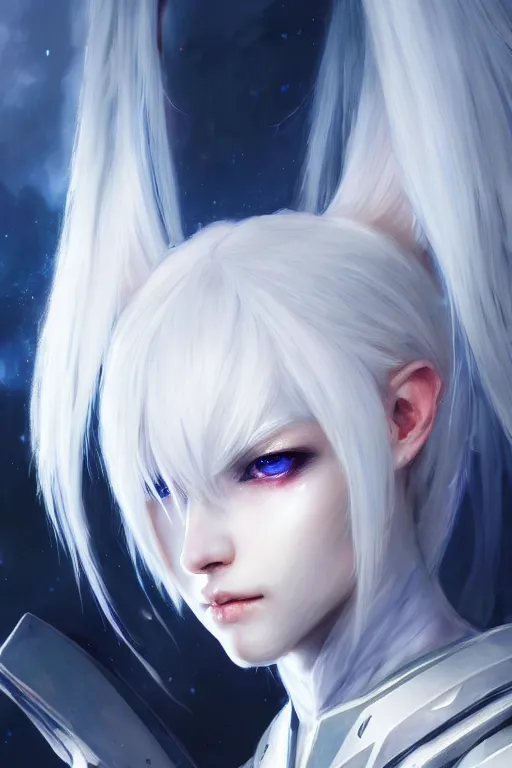 Image similar to perfect white haired girl, warframe armor, beautiful, dreamy, portrait, highly detailed, digital painting, trending on artstation, concept art, sharp focus, illustration, pretty face, blue eyes, sci - fi platform, front lit, laboratory, experiment, masterpiece, art by masayoshi tanaka, akihiko yoshida, kazuya takahashi