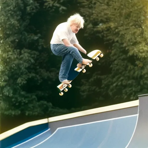 Image similar to boris johnson skateboarding the half pipe, photorealistic, velvia