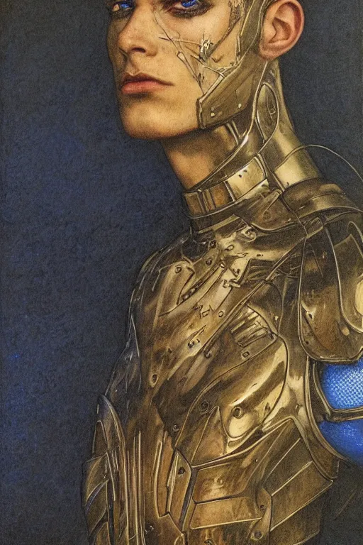 Image similar to portrait of beautiful gothic and futuristic young man, warhammer, cyber armor, a lot of more and more scars, thunderstorm, blue head, the middle ages, highly detailed, artstation, illustration, more and more composision, 8 k quality, art by jean delville, vincent disederio