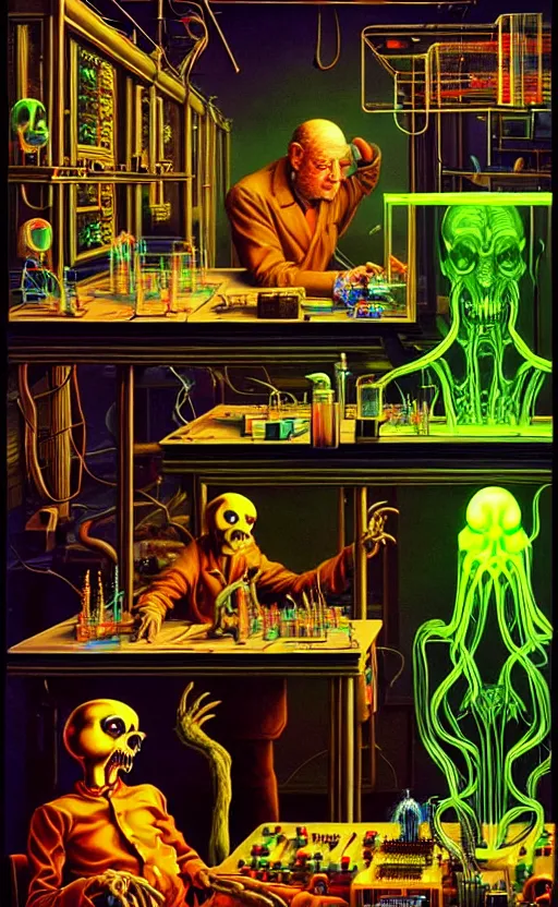 Prompt: a hyperrealistic painting of an ornate isometric supreme dark overlord synthesizing creatures at his laboratory workstation, glowing clear liquid filled glass chambers, cinematic horror by the art of skinner, chris cunningham, lisa frank, richard corben, highly detailed, vivid color,