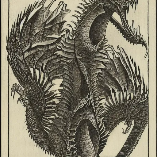 Image similar to woodcut of a vintage photo of a fractal dragon by escher, by piranesi