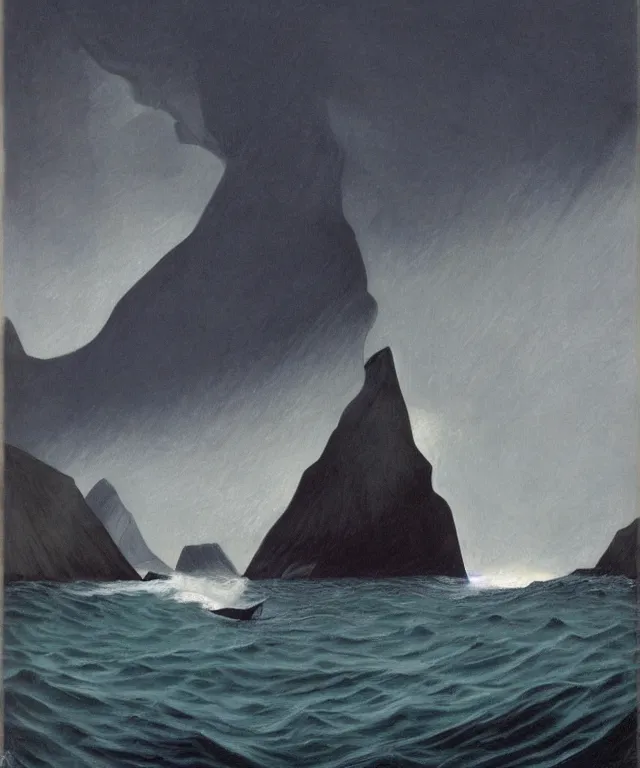 Image similar to photorealistic painting of a 1 9 2 5 seiner sailing near a short tropical cliff with the mouth of a sea cave at the waterline, dark, brooding, atmospheric, lovecraft, horror, smooth, epic, highly detailed, cinematic, lawren harris