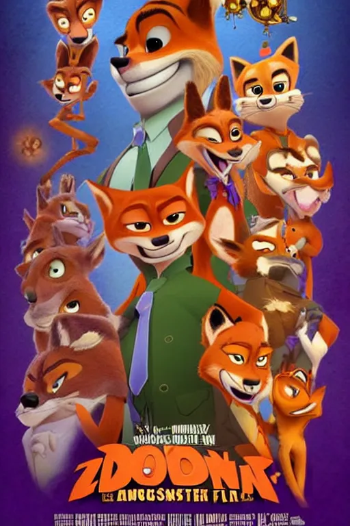 Image similar to nick wilde from zootopia fox furry anthro on a movie poster cover in the style of famous artist don bluth