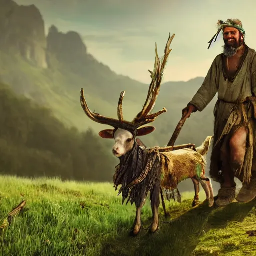 Prompt: hippie tribal hobo wearing twigs and leaves smiling sheepishly, riding tiny scruffy goat with novelty oversized antlers, grassy hills, highly detailed, dramatic lighting, night time, cinematic, hyperrealistic, detailed, movie still from game of thrones